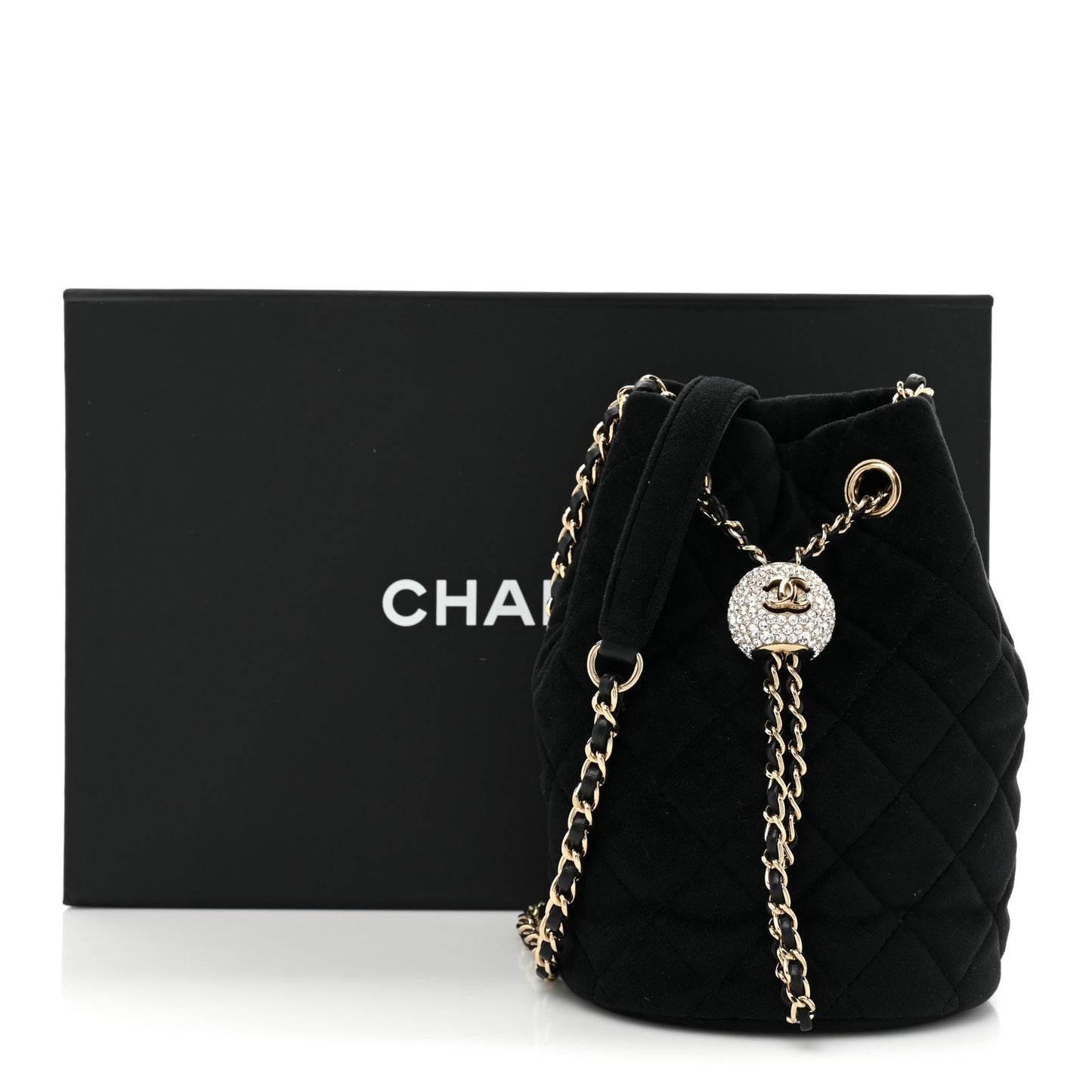 Velvet Quilted Pearl Crush Drawstring Bag Black