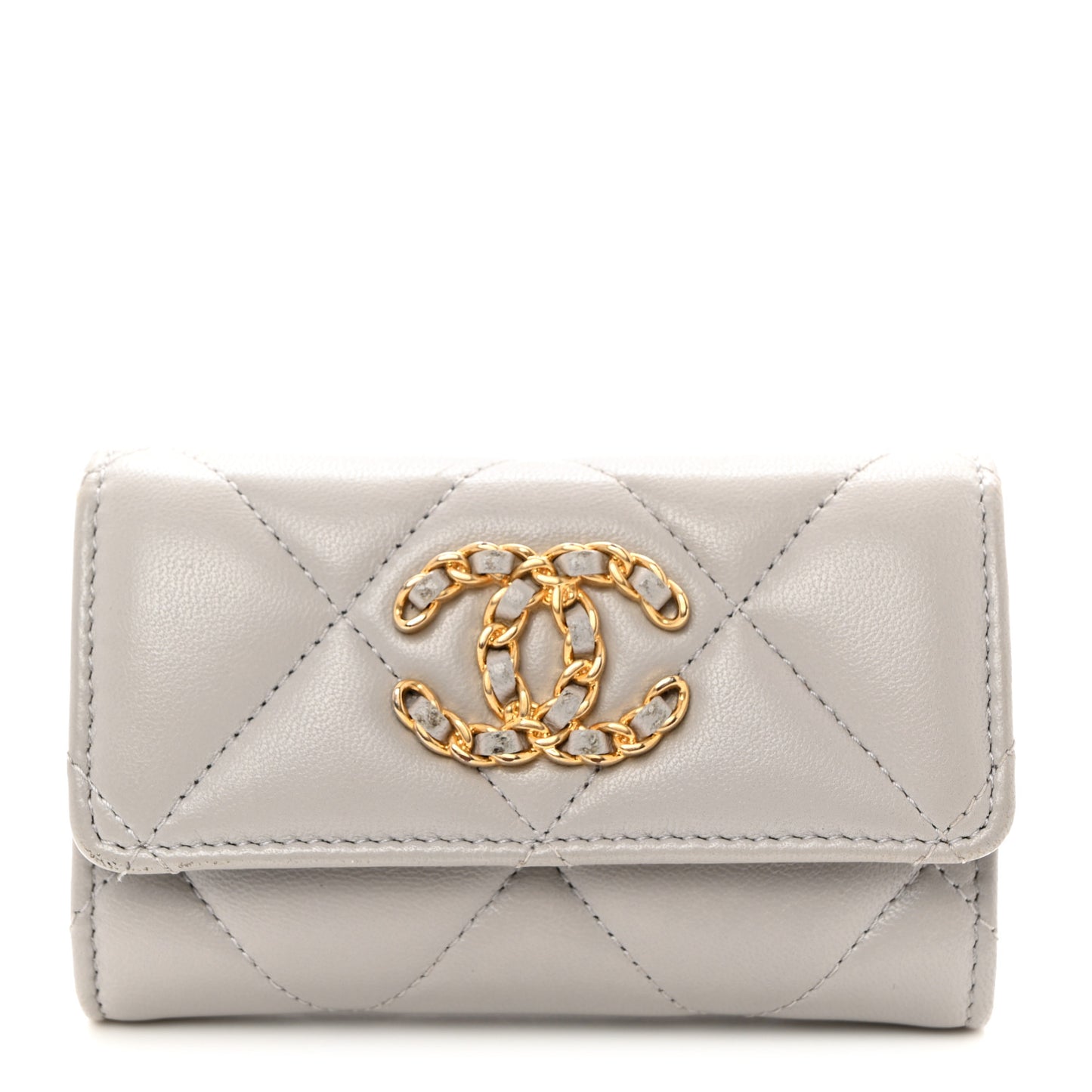 Lambskin Quilted Chanel 19 Flap Card Holder Grey