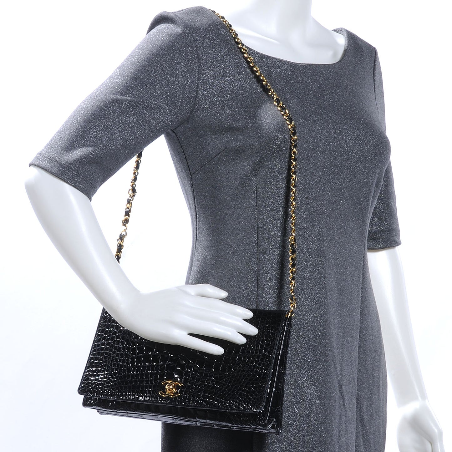 Shiny Crocodile Medium Single Flap Black