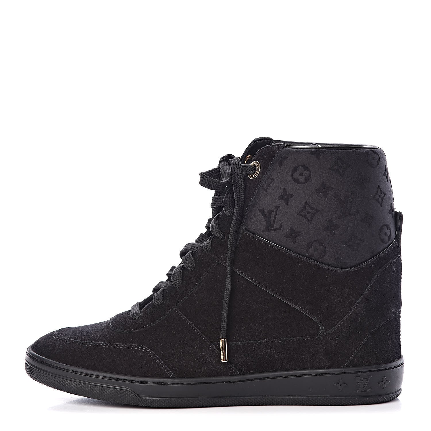 Louis Vuitton Calfskin Suede Monogram Cliff Top Wedge Sneakers 38.5 Black 1 of 8