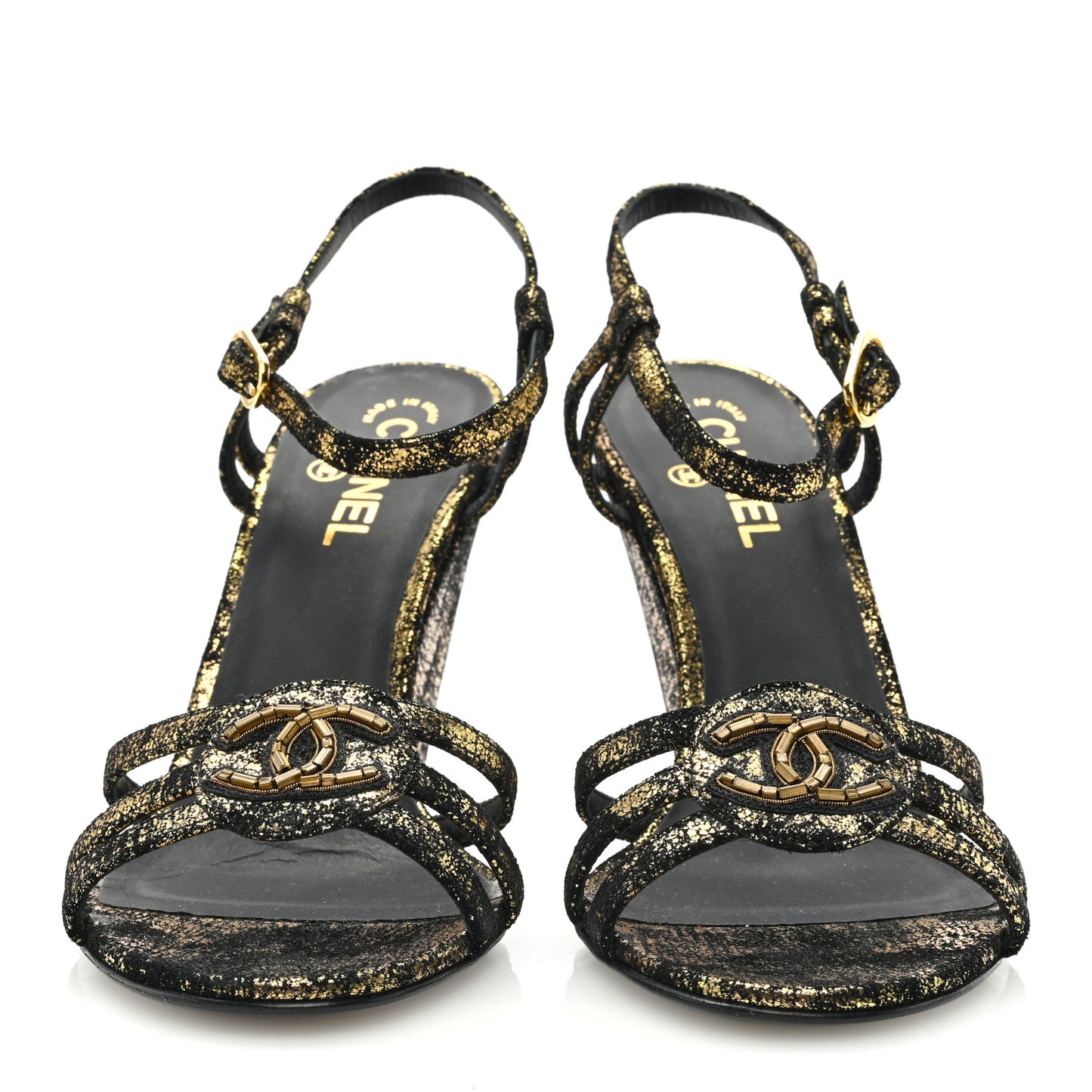 Metallic Suede CC Wedge Sandals 41 Black Gold