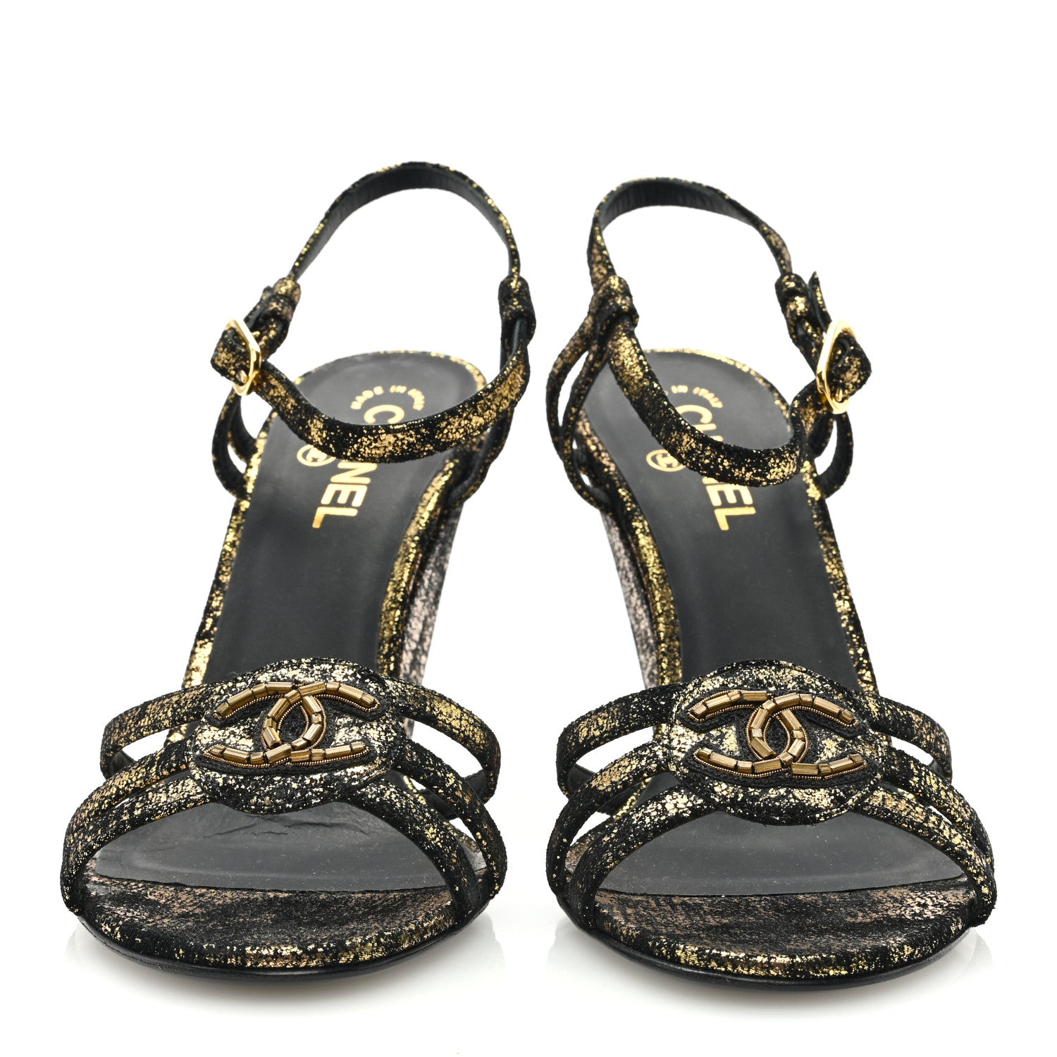 Chanel Metallic Suede CC Wedge Sandals 41 Black Gold 3 of 7