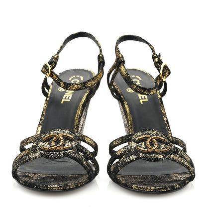 Chanel Metallic Suede CC Wedge Sandals 41 Black Gold 3 of 7
