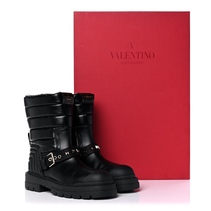 Valentino Garavani Calfskin Nylon Quilted Waterproof Rockstud 40mm Biker Boots 37.5 Black 11 of 11
