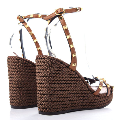 Valentino Garavani Calfskin Rockstud Ankle Strap Torchon Espadrille 25/95mm Wedge Sandals 38 Cuoio 4 of 10