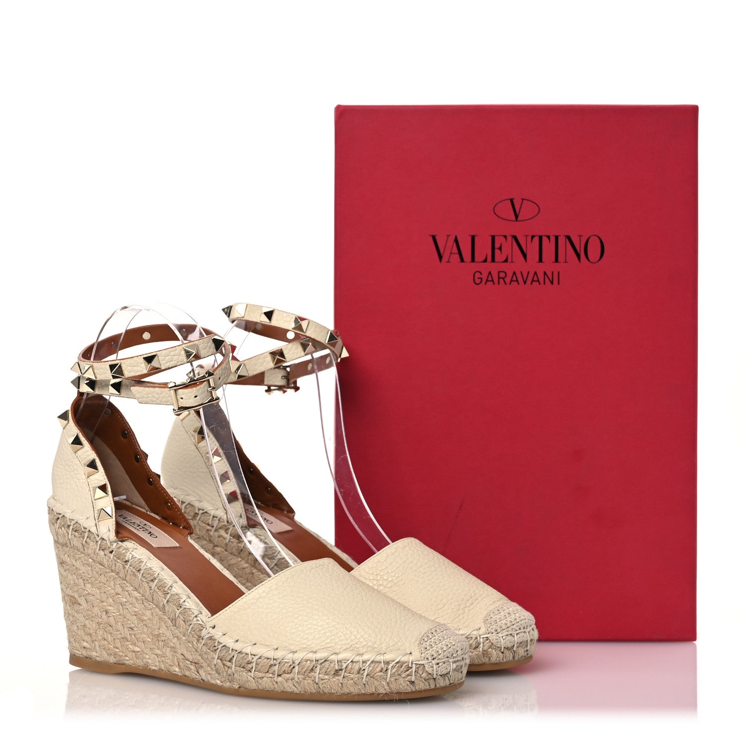 Valentino Garavani Grained Calfskin Rockstud Ankle Wrap Espadrille 15/85mm Wedges 38 Light Ivory 15 of 15