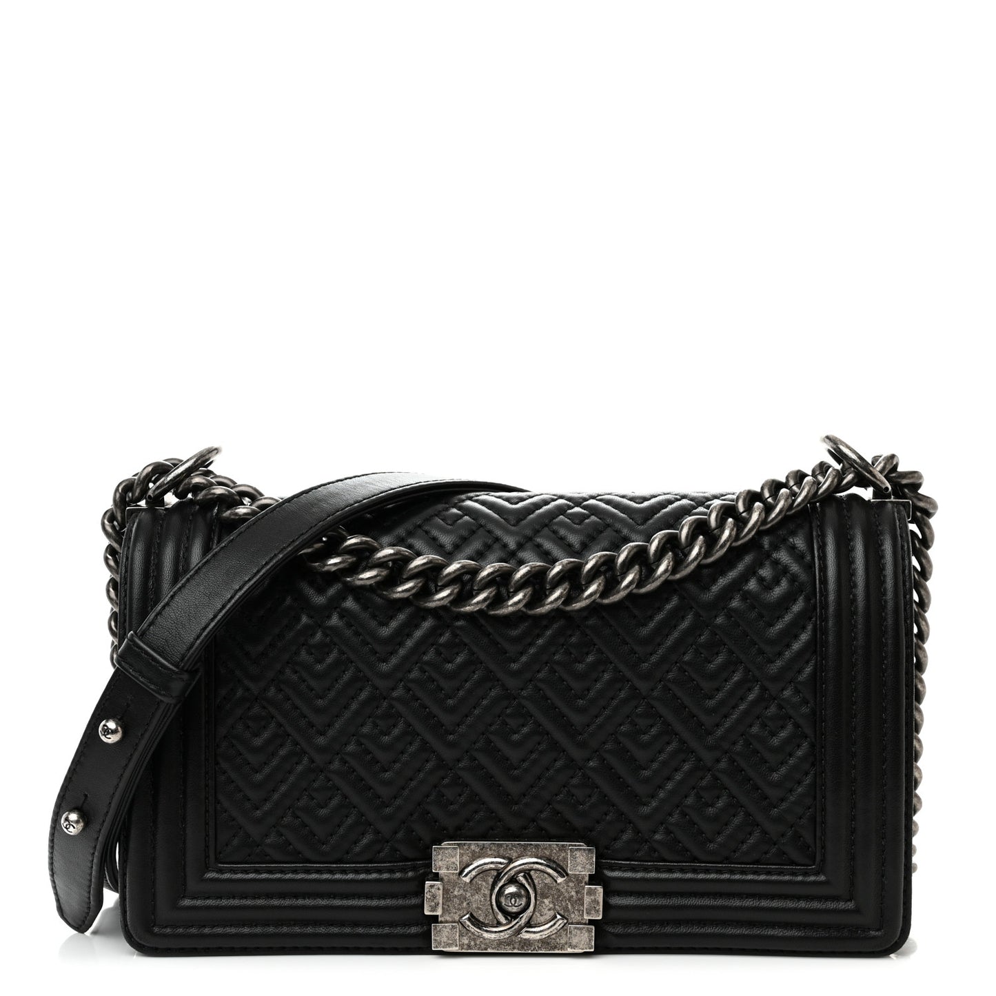 Lambskin Geometric Chevron Quilted Medium Boy Flap Black