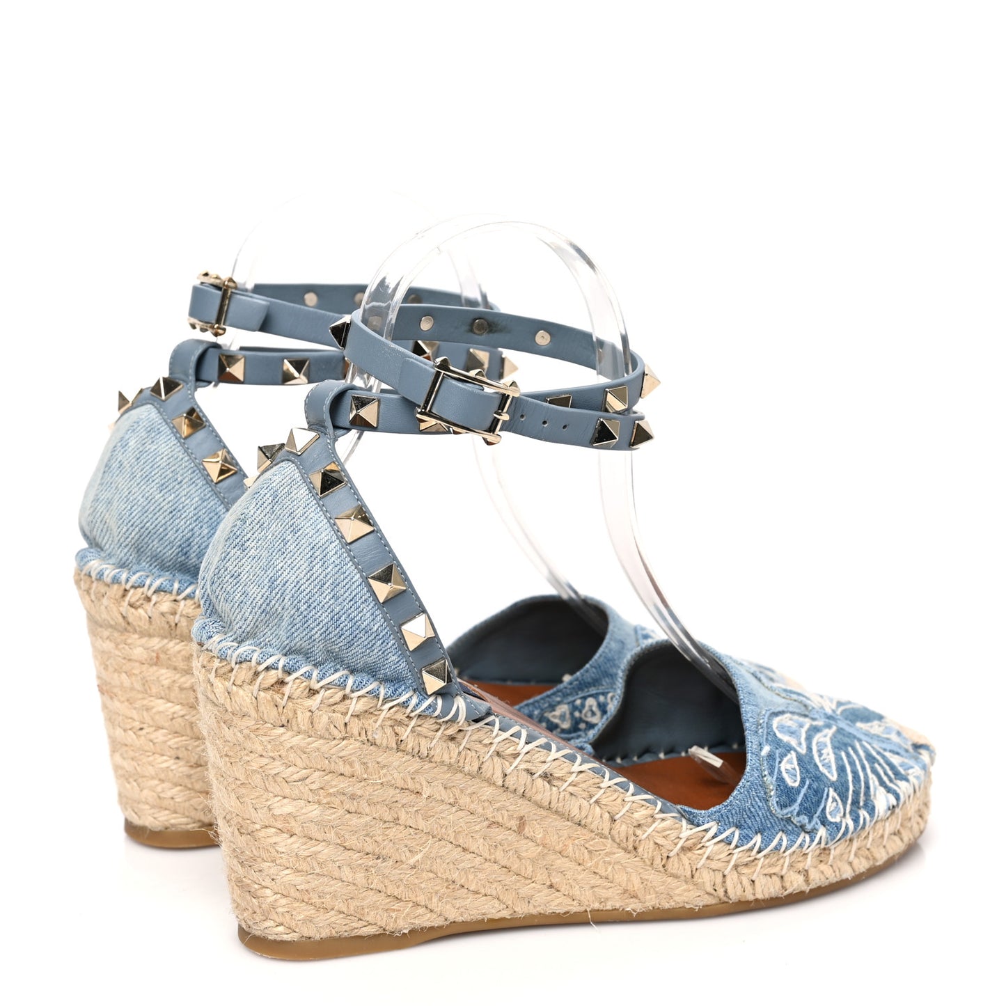 Denim Butterfly Embroidered Rockstud Ankle Wrap Espadrille Wedges 38 Light Denim