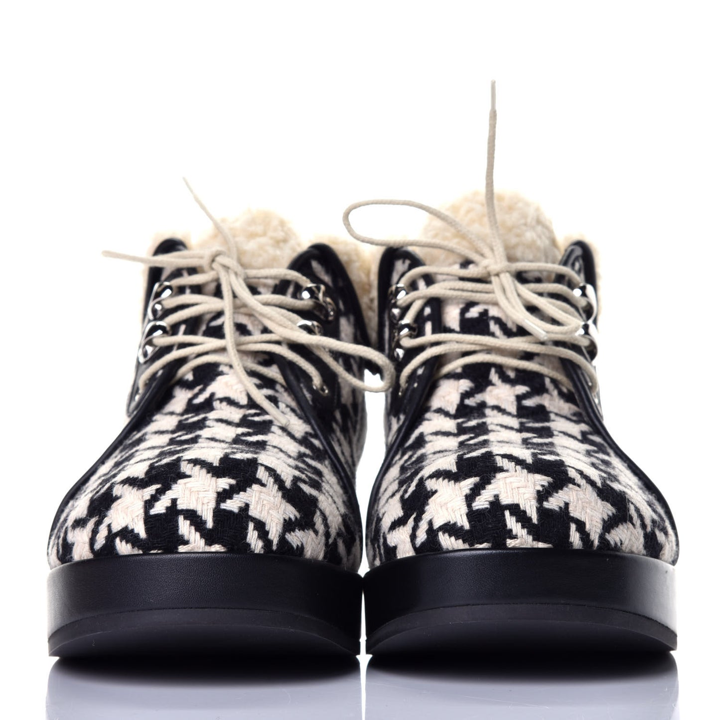 Optical Tweed Faux Shearling Houndstooth Victor Lace Up Ankle Boots 39.5 White Black