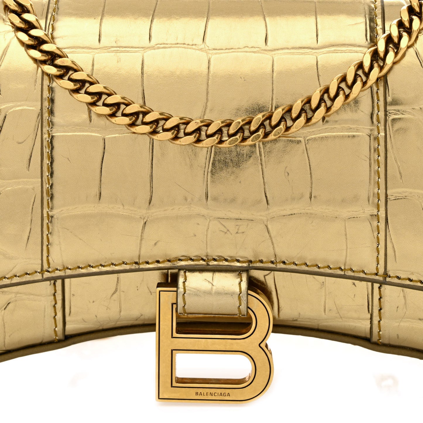 Metallic Calfskin Crocodile Embossed Hourglass Chain Bag Gold
