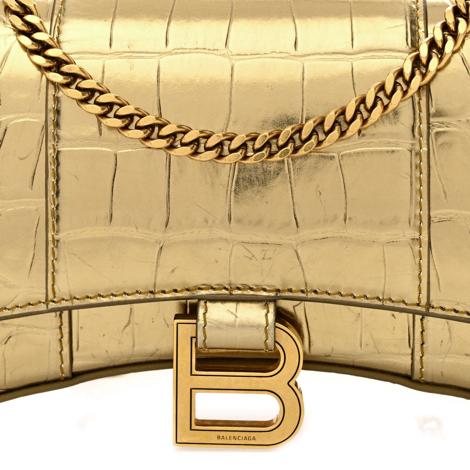 Balenciaga Metallic Calfskin Crocodile Embossed Hourglass Chain Bag Gold 8 of 11