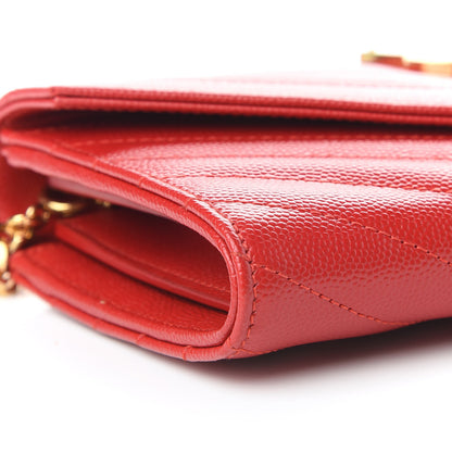 Saint Laurent Grain De Poudre Matelasse Chevron Small Monogram Chain Wallet Red 5 of 9