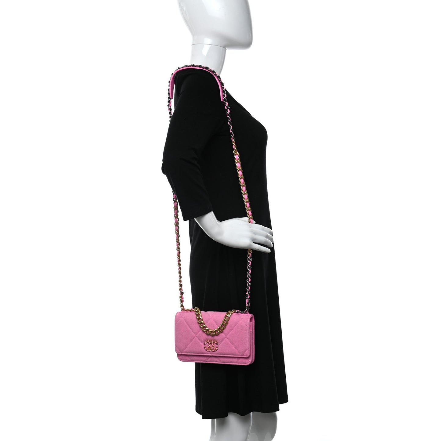 Denim Quilted Chanel 19 Wallet On Chain WOC Neon Pink