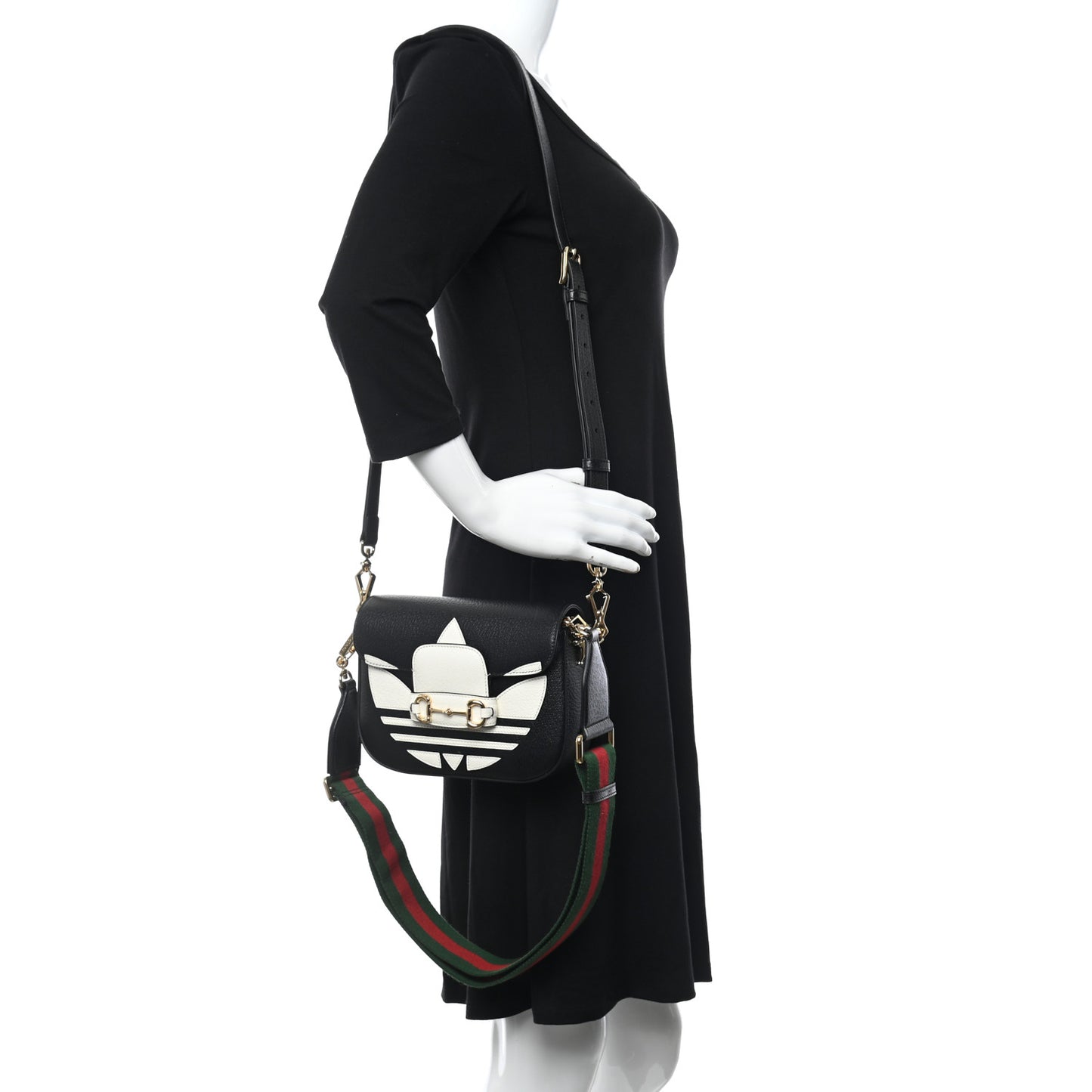 X ADIDAS Textured Dollar Calfskin Web Trefoil Mini Horsebit 1955 Shoulder Bag Black Off White
