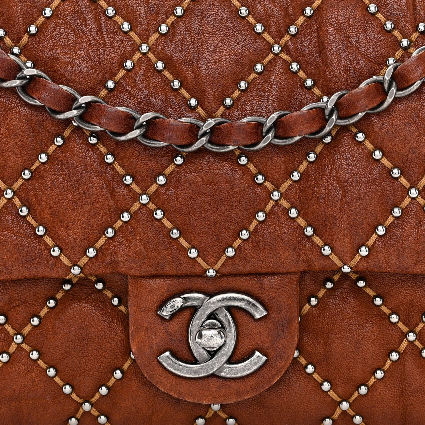 Washed Lambskin Studded Metal Beauty Flap Brown