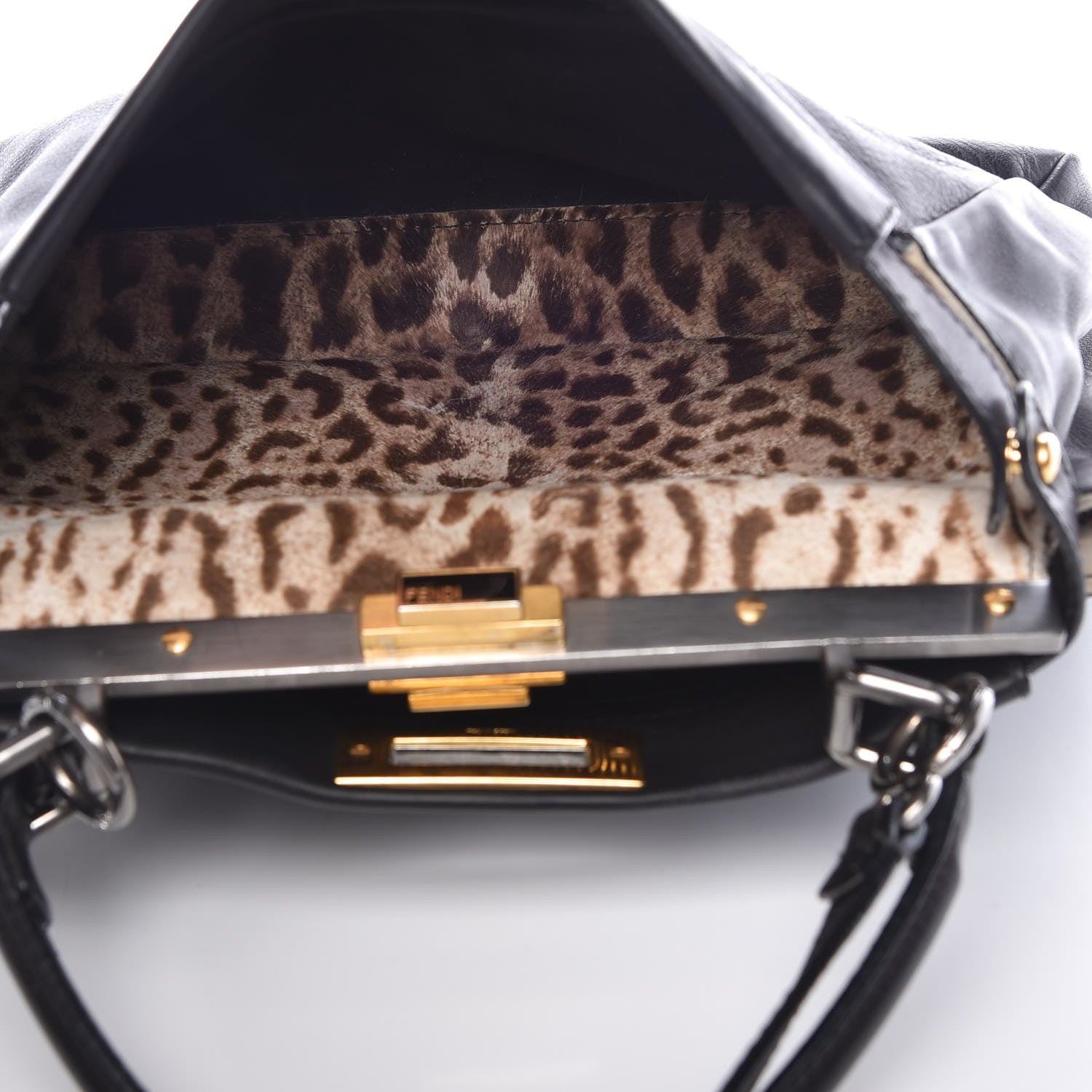 Fendi Calfskin Calf Hair Leopard Print Medium Peekaboo Iconic Satchel Black 7 of 16