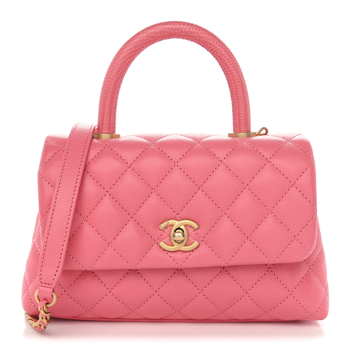 Caviar Lizard Embossed Quilted Mini Coco Handle Flap Pink