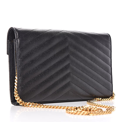 Saint Laurent Grain De Poudre Matelasse Chevron Monogram Chain Wallet Black 3 of 12