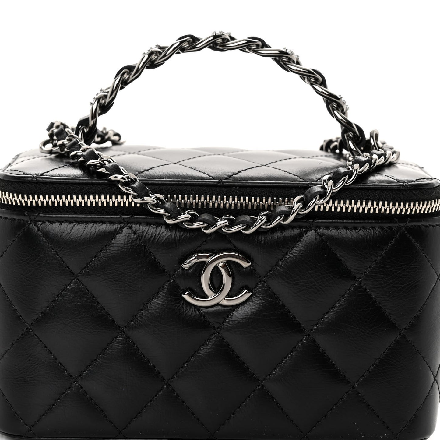 Shiny Crumpled Calfskin Crystal Quilted Precious Handle Vanity Case With Chain Black