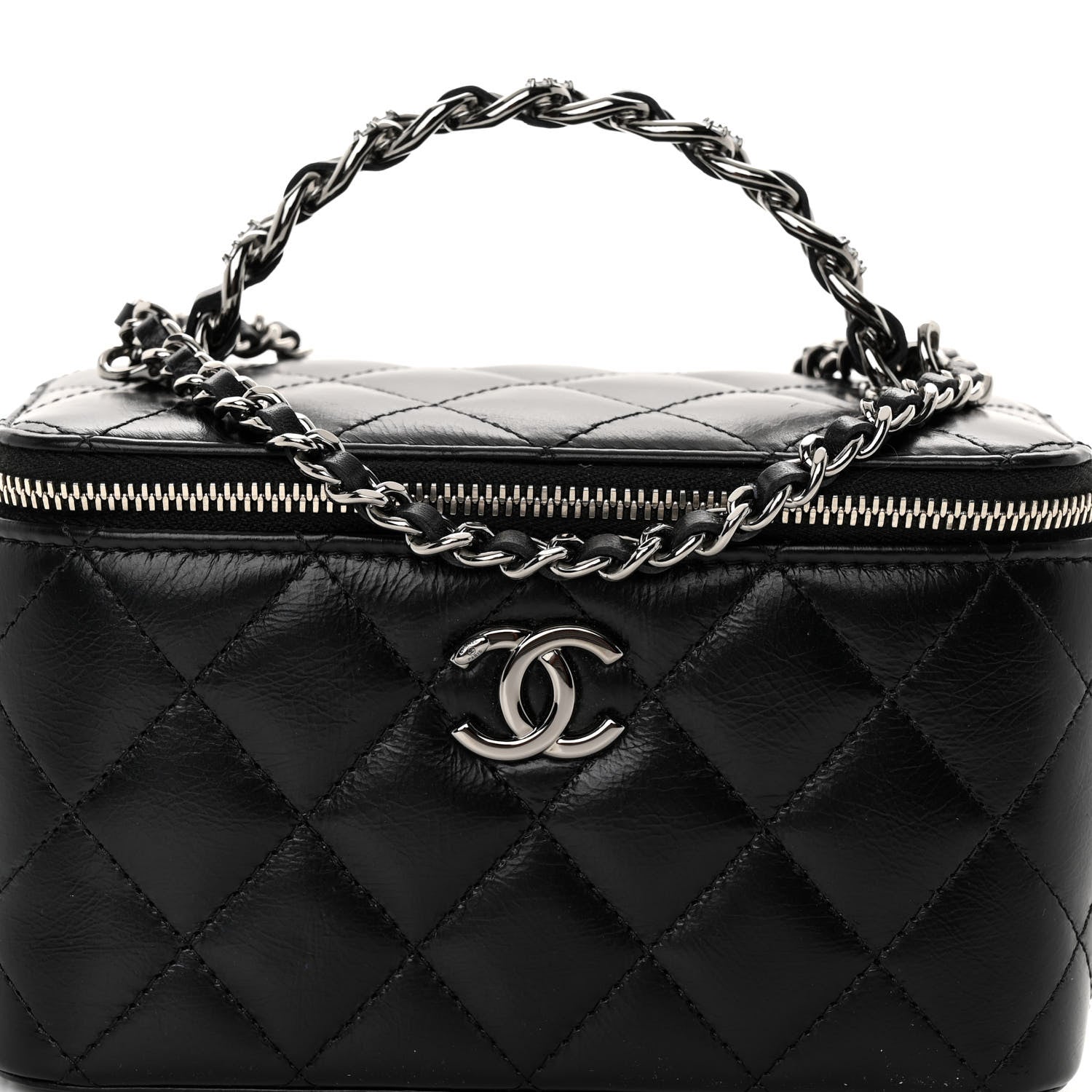 Chanel Shiny Crumpled Calfskin Crystal Quilted Precious Handle Vanity Case With Chain Black 8 of 11