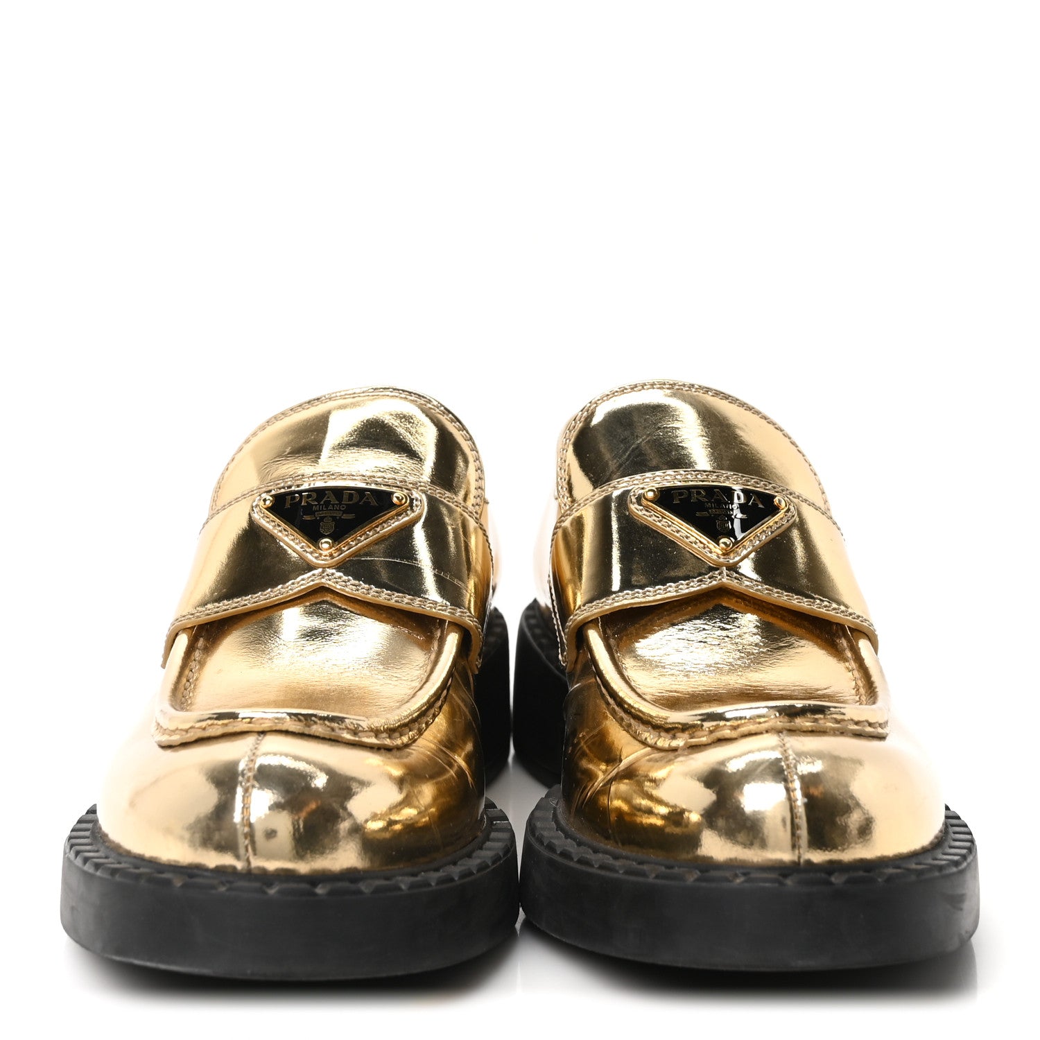 Prada Metallic Brushed Calfskin Metal Triangle Logo 50mm Loafers 39.5 Platino 3 of 8