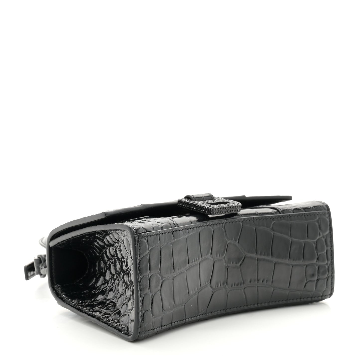 Shiny Calfskin Strass Monochrome Crocodile Embossed Hourglass Top Handle Bag XS Black