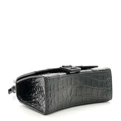 Balenciaga Shiny Calfskin Strass Monochrome Crocodile Embossed Hourglass Top Handle Bag XS Black 4 of 9
