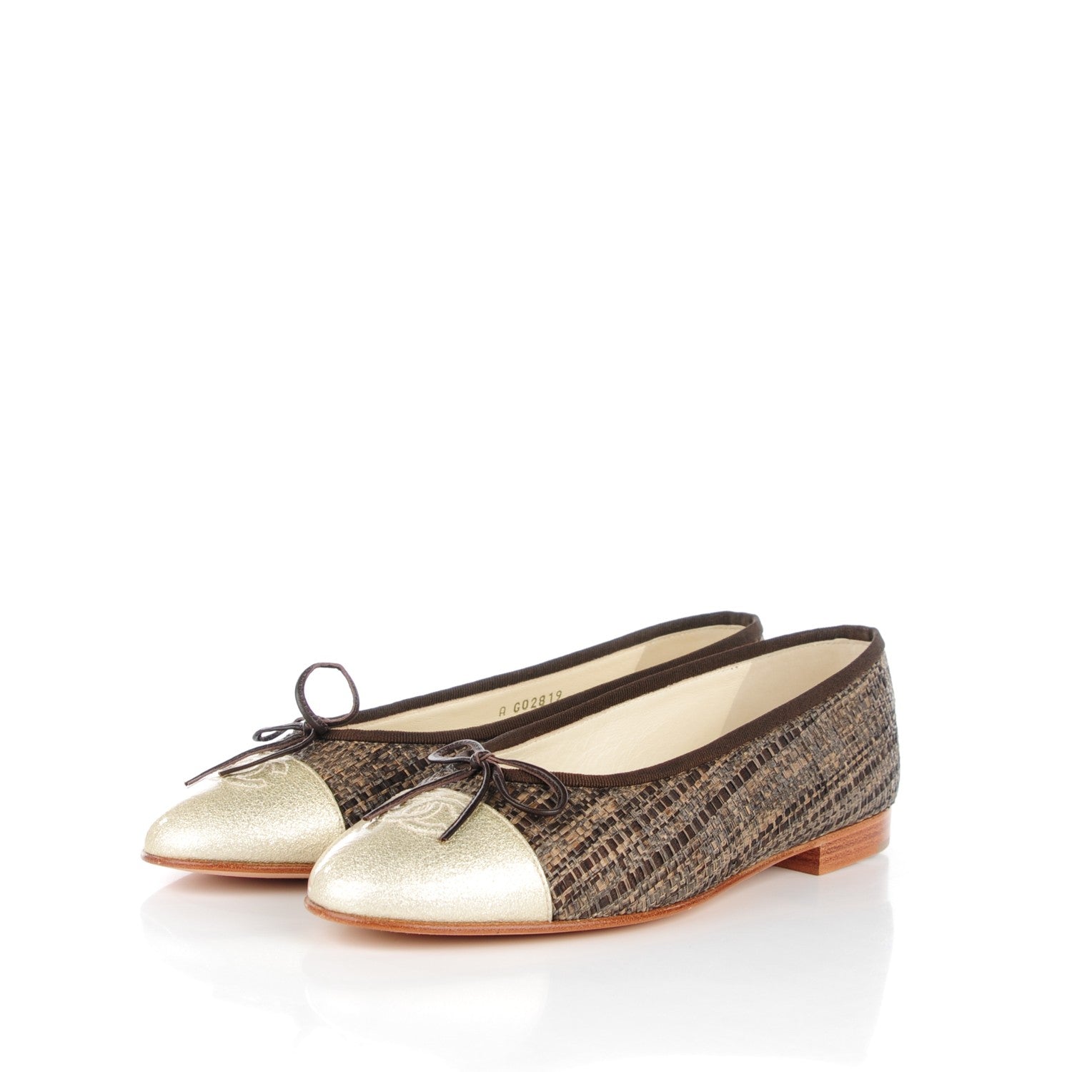 Chanel Tweed Ribbon Metallic Crackled Calfskin CC Cap Toe Ballerina Flats 38.5 Brown Gold 3 of 9