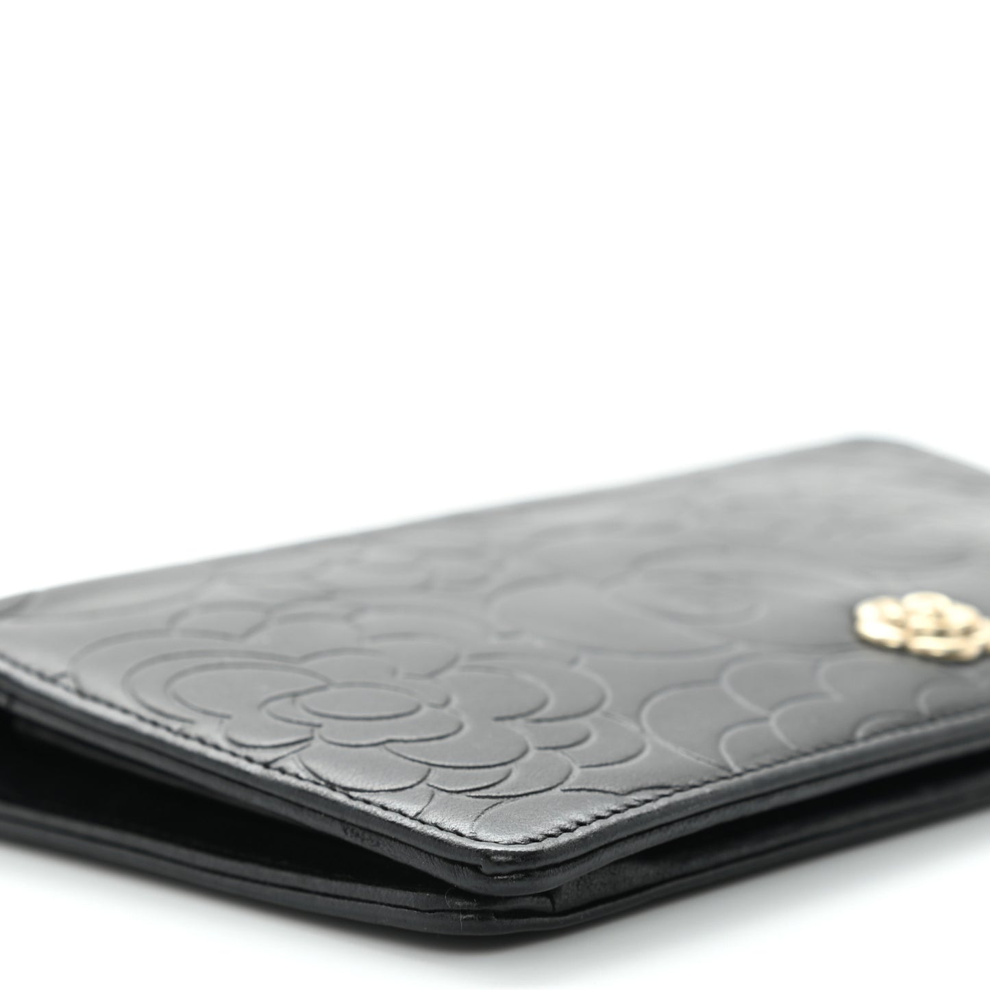 Lambskin Camellia Embossed Yen Wallet Black