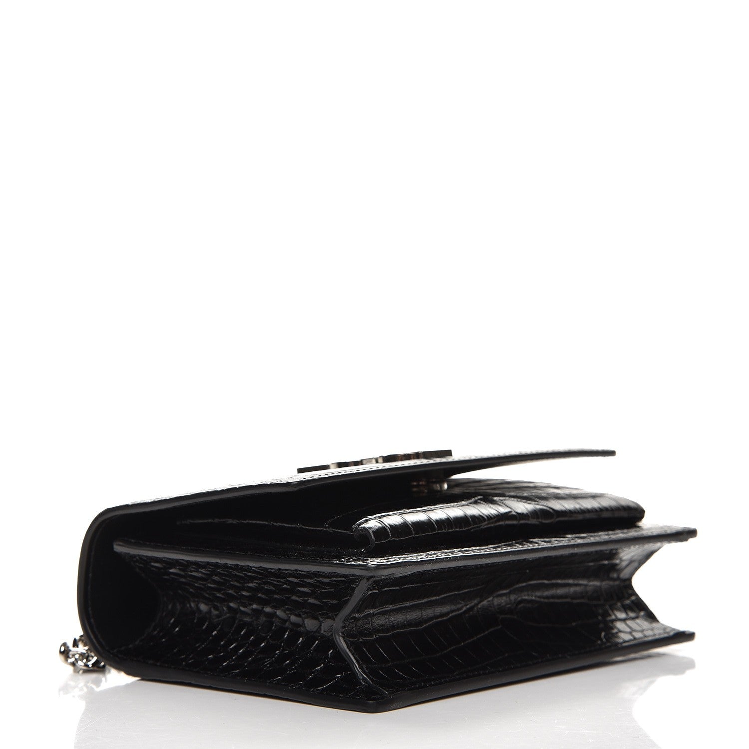 Saint Laurent Calfskin Crocodile Embossed Monogram Sunset Chain Wallet Black 4 of 6