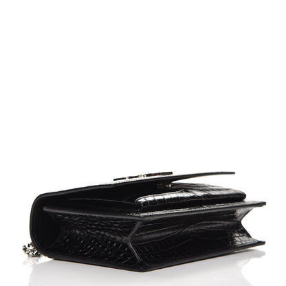 Saint Laurent Calfskin Crocodile Embossed Monogram Sunset Chain Wallet Black 4 of 6