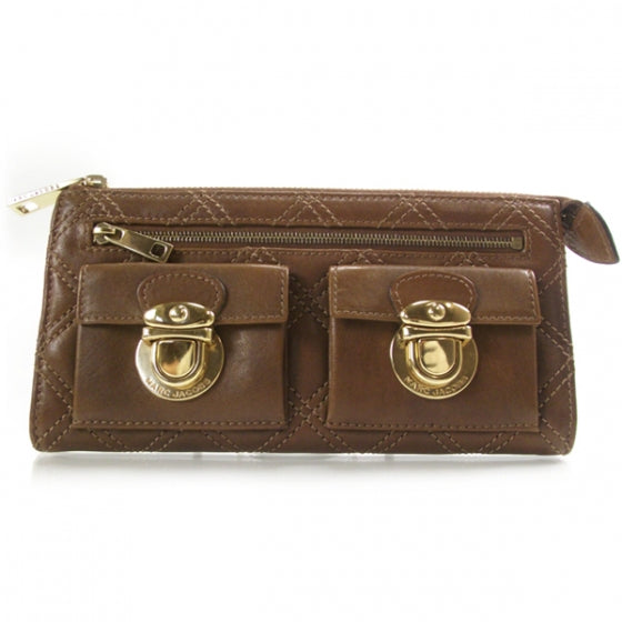 Leather Quilted Zip Clutch Wallet Brown