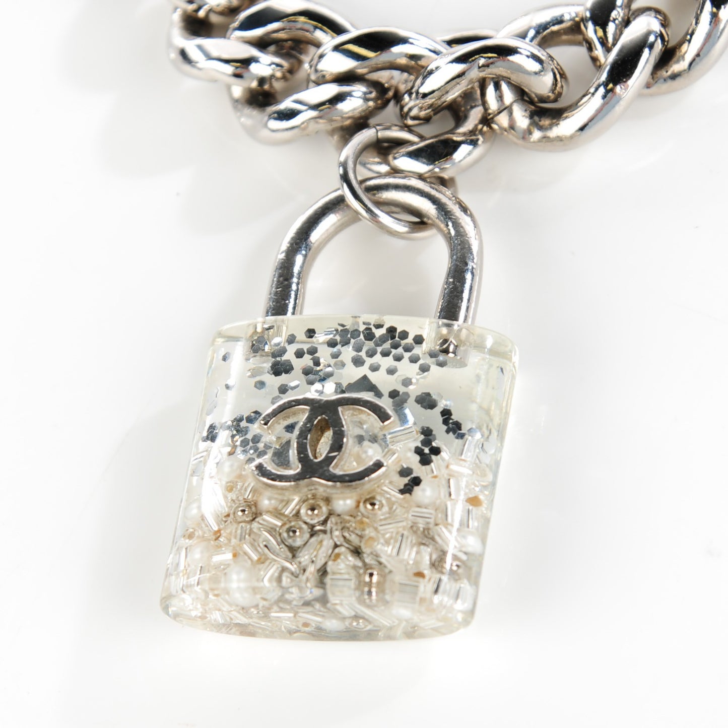 Plexiglass Pearl CC Padlock Bracelet Silver