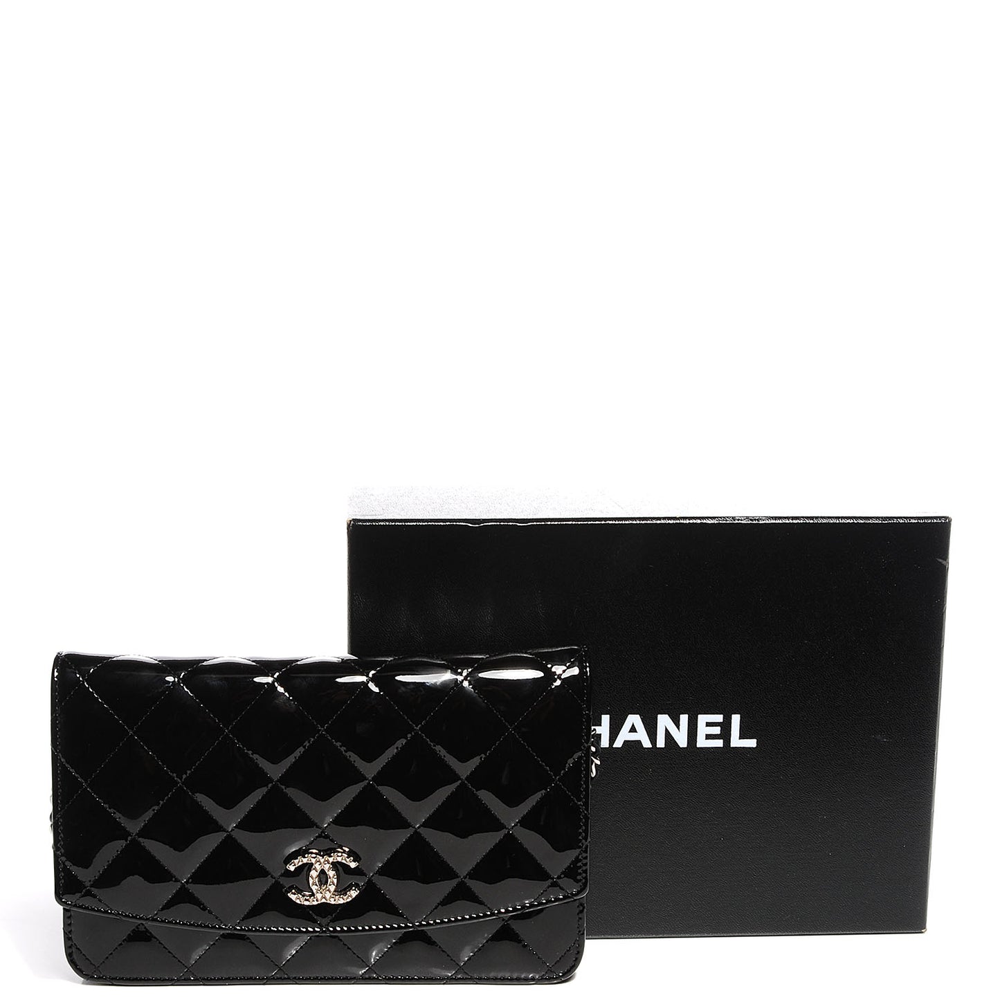Patent Quilted Brilliant Wallet On Chain WOC Black