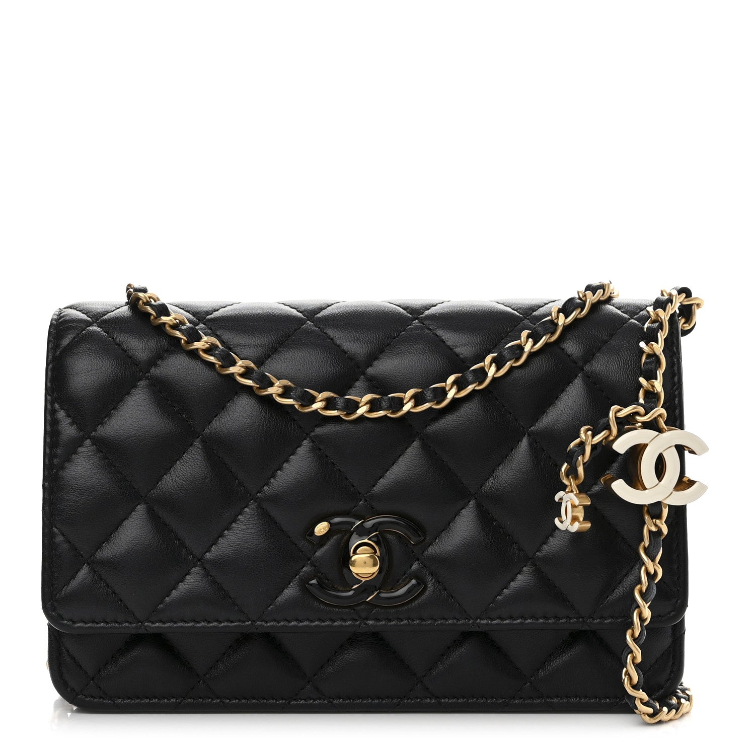 Chanel Lambskin Quilted Enamel CC Wallet on Chain WOC Black 1 of 12