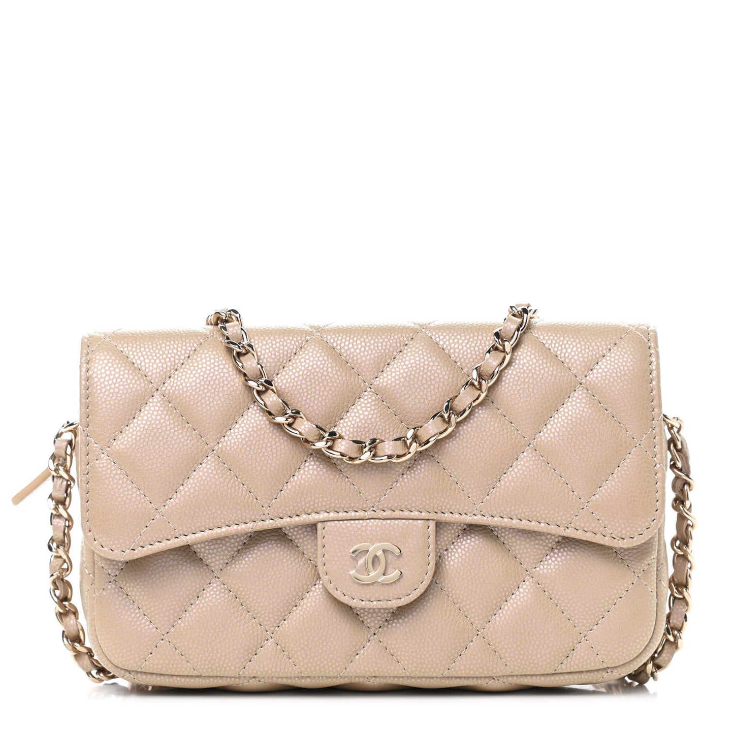 Iridescent Caviar Quilted Flap Phone Holder With Chain Beige