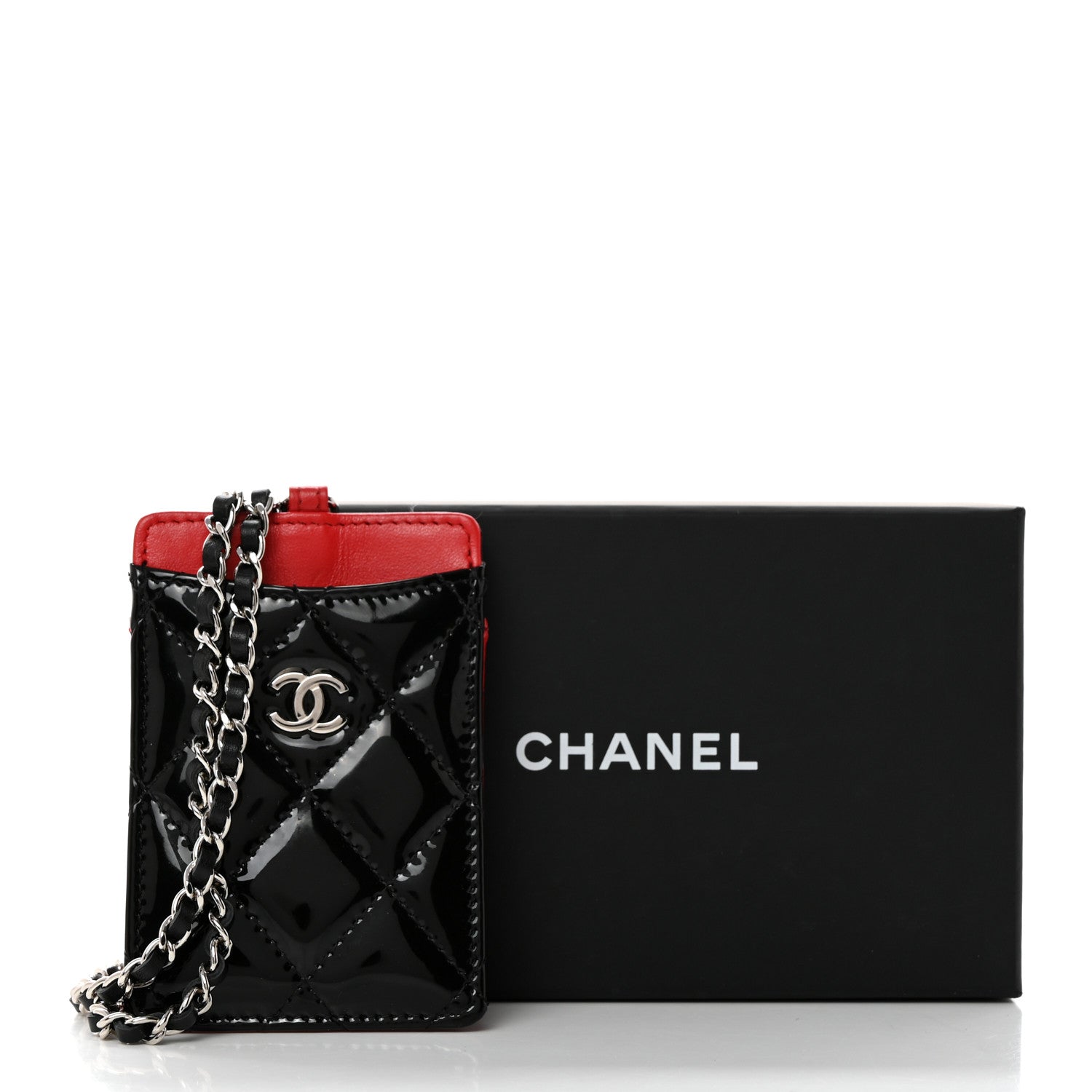Chanel Patent Calfskin Quilted Bi-Color Card Holder On Chain Black Red 9 of 9