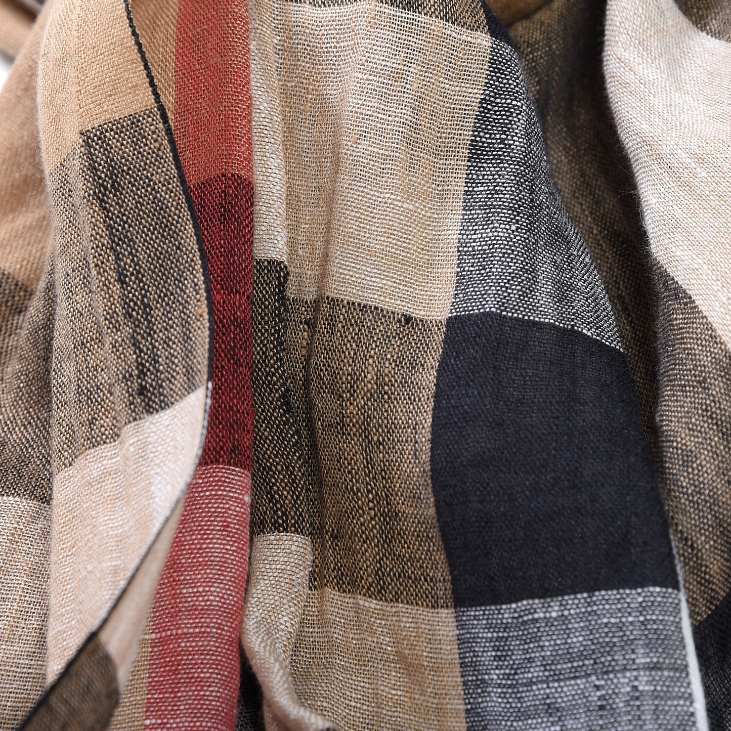 Linen Giant Check Lightweight Scarf Camel