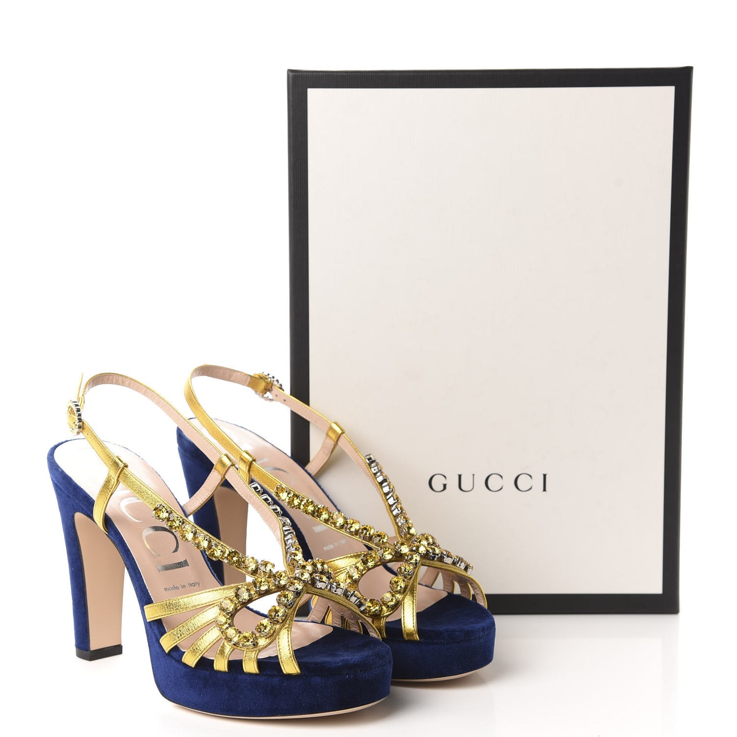 Velvet Nappa Crystal Zephyra Slingback Platform High Heel Sandals 38.5 Blue Gold
