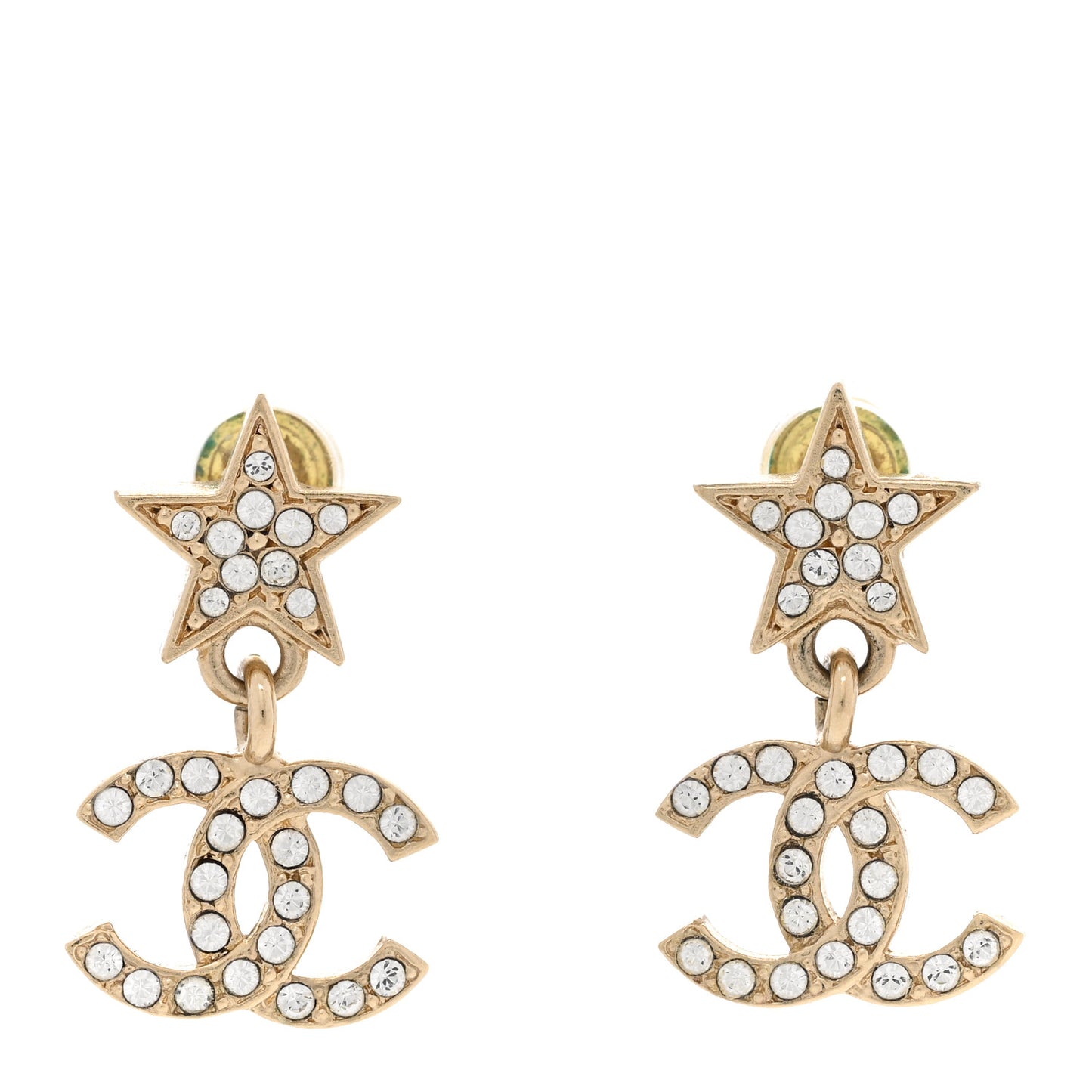 Metal Crystal CC Star Drop Earrings Gold