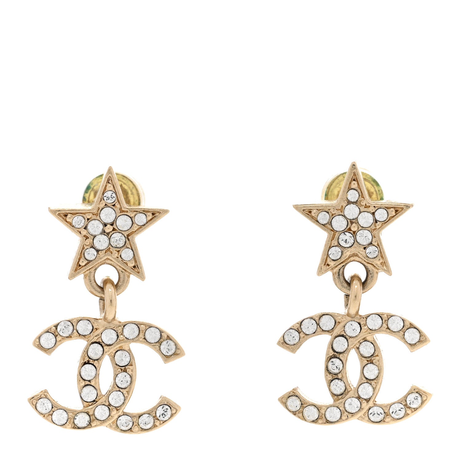 Chanel Metal Crystal CC Star Drop Earrings Gold 1 of 5