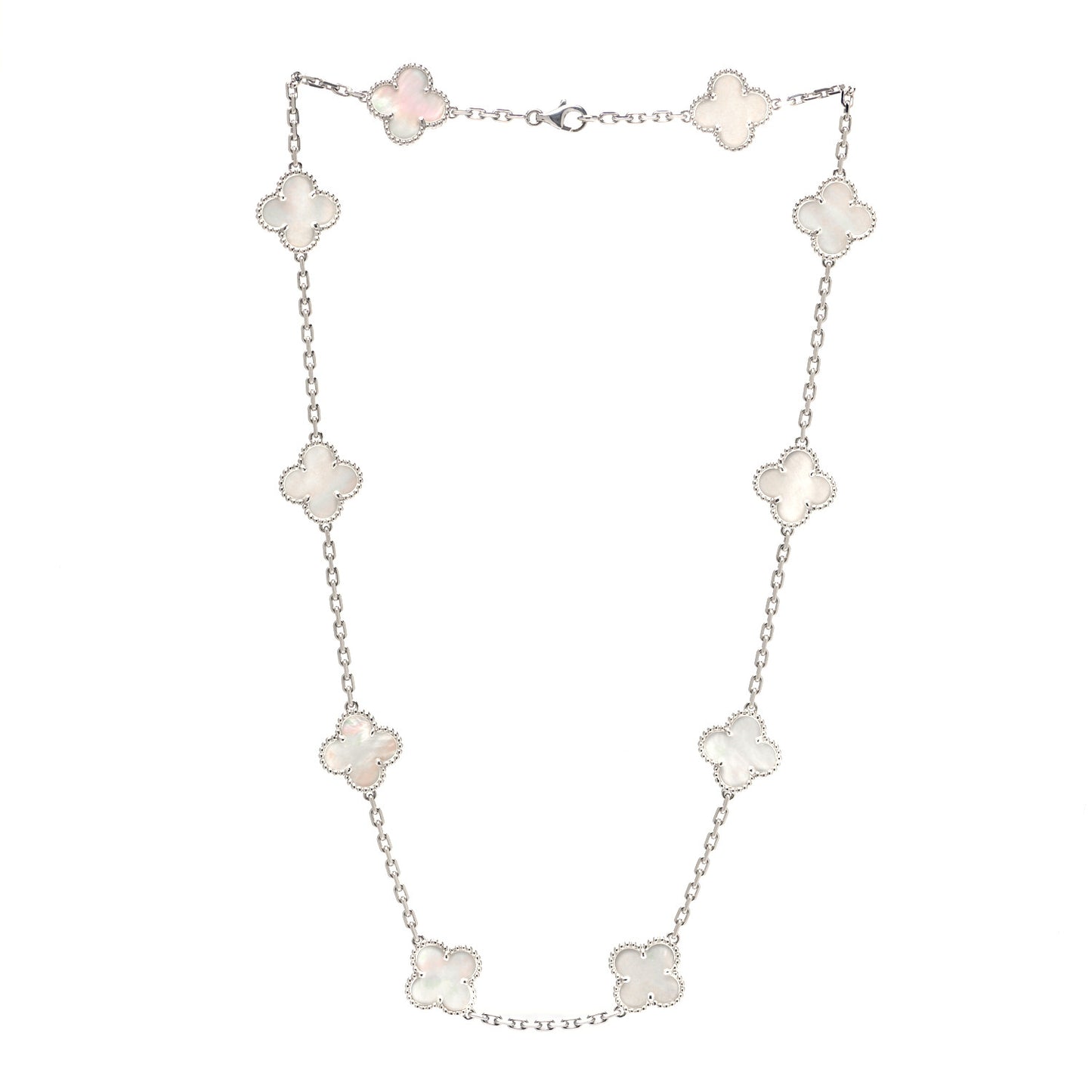 18K White Gold Mother of Pearl 10 Motifs Vintage Alhambra Necklace