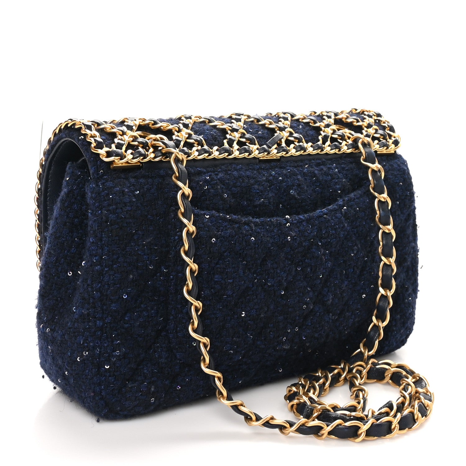 Chanel Tweed Sequin Timeless Classic Chained Double Flap Navy Blue 3 of 11