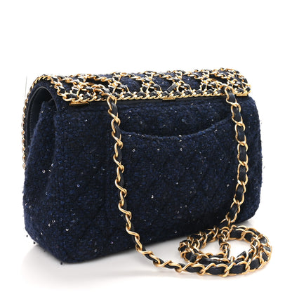 Chanel Tweed Sequin Timeless Classic Chained Double Flap Navy Blue 3 of 11