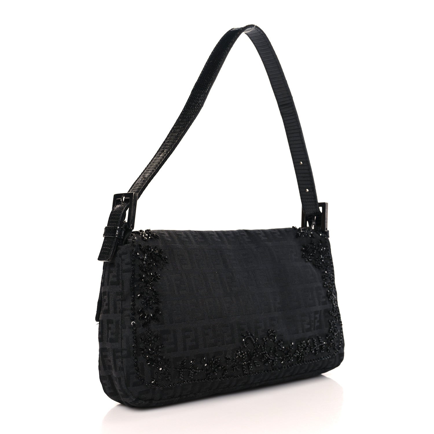 Fendi Zucchino Lizard Beaded Baguette Black 3 of 10