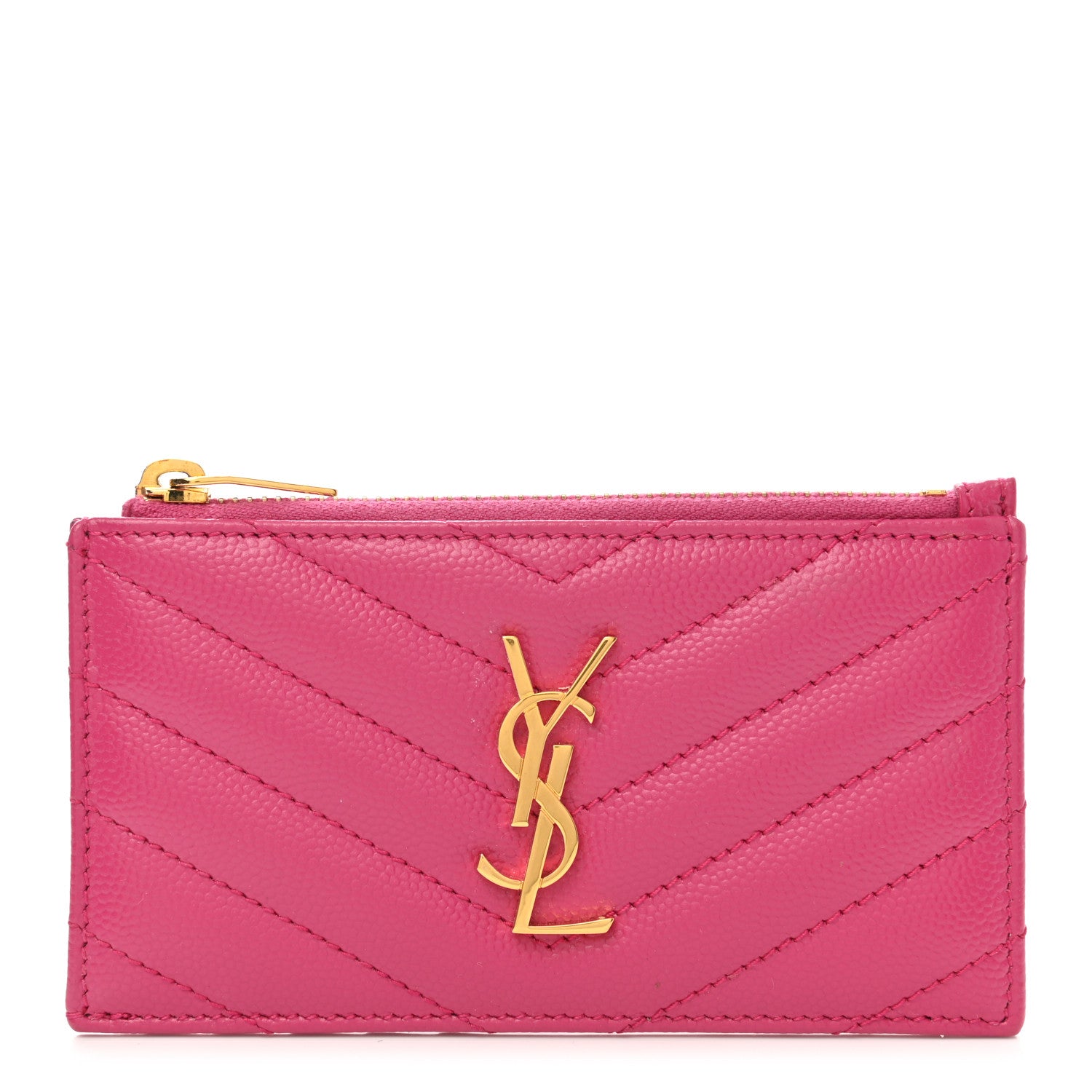 Saint Laurent Grain De Poudre Matelasse Chevron Monogram Fragments Zippered Card Case Fresh Fuxia 1 of 7