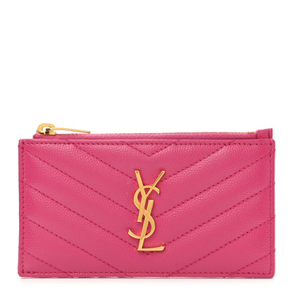 Saint Laurent Grain De Poudre Matelasse Chevron Monogram Fragments Zippered Card Case Fresh Fuxia 1 of 7
