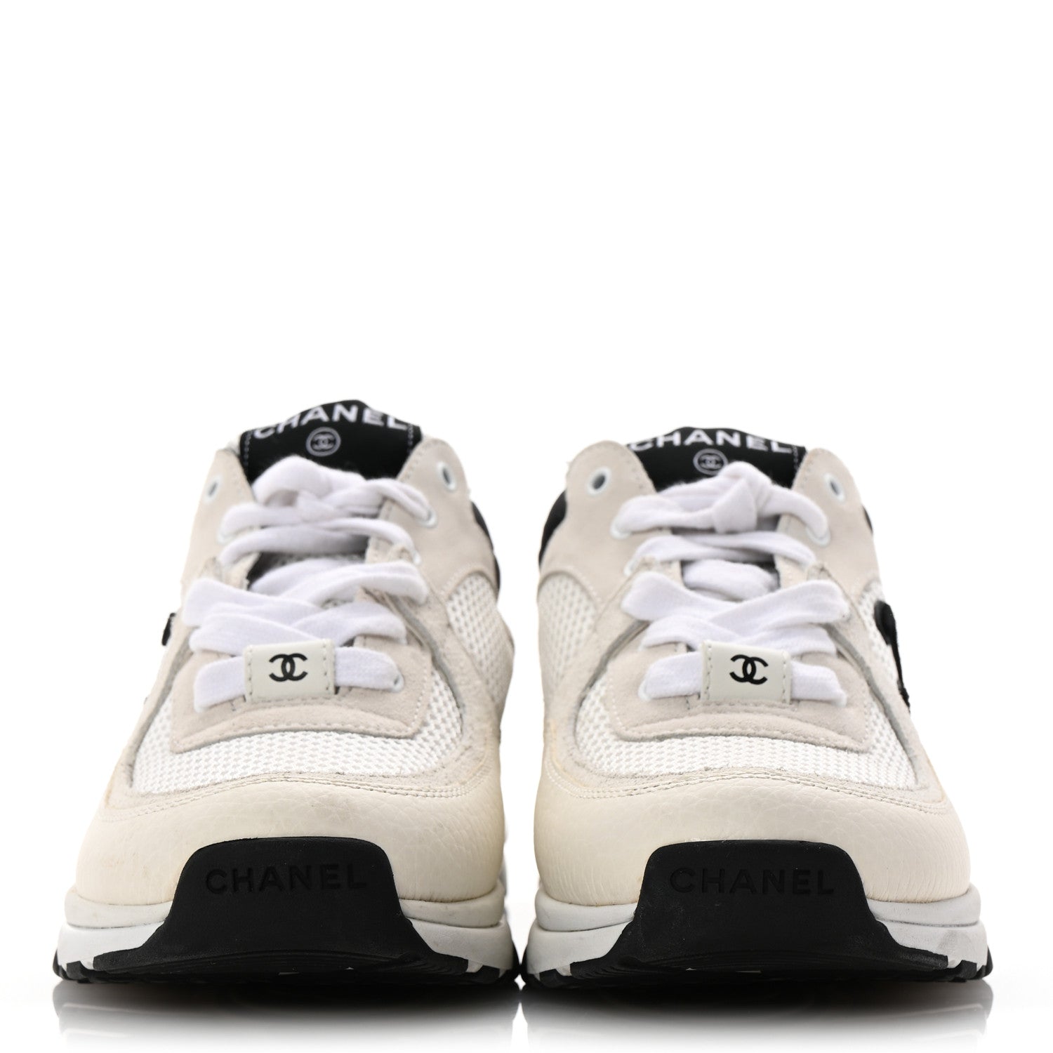 Chanel Mesh Suede Calfskin Grained Calfskin Womens CC Sneakers 35.5 White Black 3 of 17