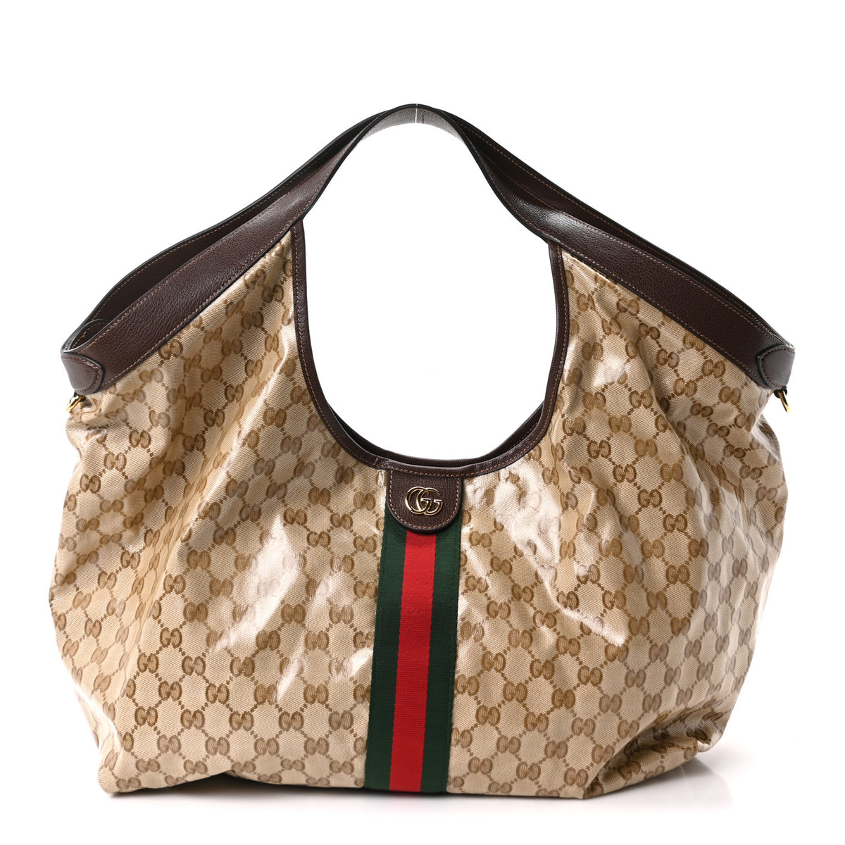 Gucci Varnished GG Monogram Web Large Giglio Tote Sand Dark Brown 1 of 10