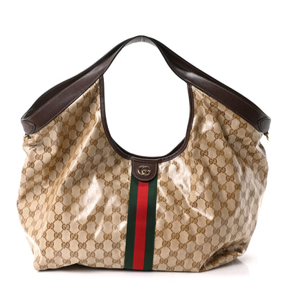 Gucci Varnished GG Monogram Web Large Giglio Tote Sand Dark Brown 1 of 10